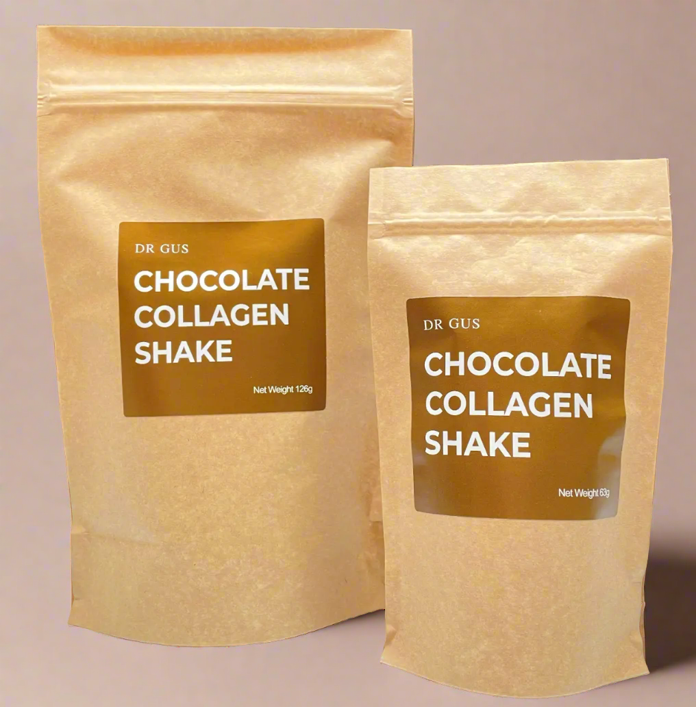 dr gus chocolate collagen shake in 1 litre and 2 litre sizes